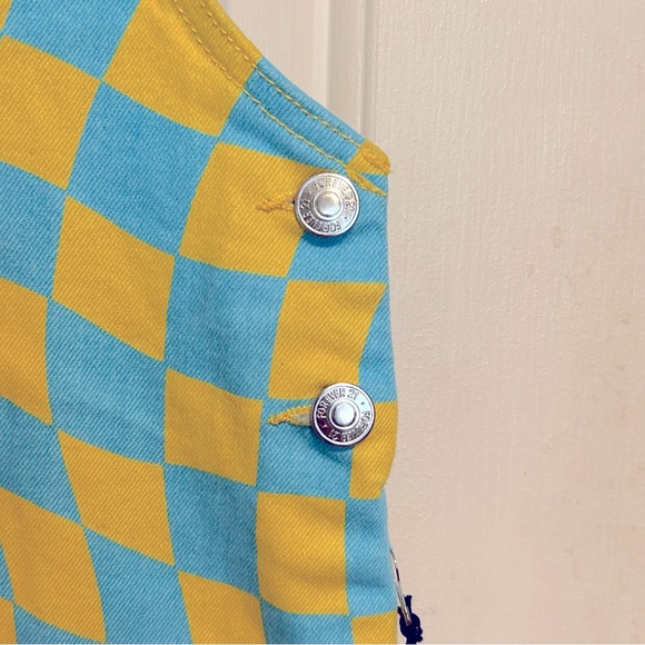 F21 Psychedelic Denim Overalls Romper Mini Dress Carolina Blue & Yellow | Small - Picture 4 of 11